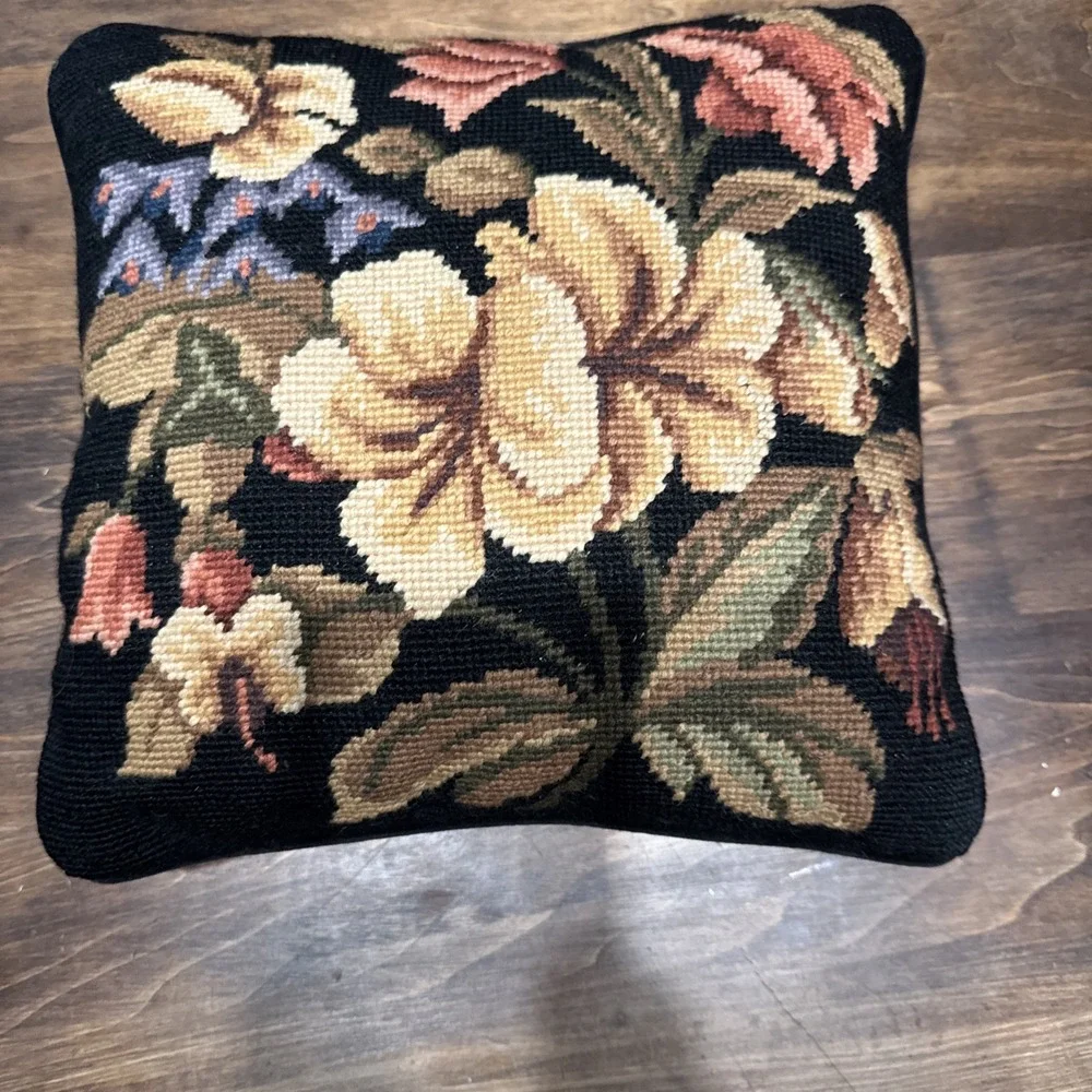 Vintage Floral Wool Black Needlepoint Throw Pillow Cottage Decor 11